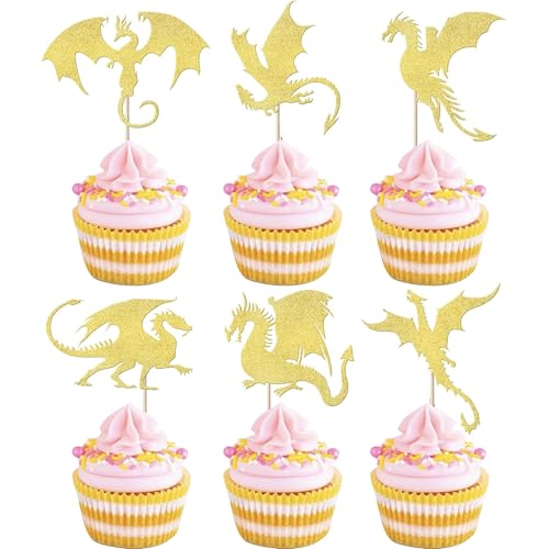 24 Stück Drachen Tortendeko Glitter Fantasie Geburtstag Cake Toppers für Fliegende Drachen Thema Baby Dusche Kinder Geburtstag Party Kuchen Dekorationen Zubehör Gold von SYKYCTCY