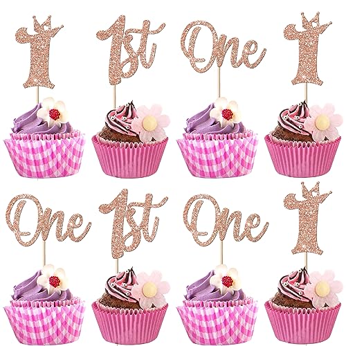 24 Stück Happy 1st Geburtstag Cupcke Toppers Glitzer Erster Geburtstag Tortendeko Crown One Geburtstag Kuchen Deko für Erster Geburtstag Party Kuchen Dekorationen Rosegold von SYKYCTCY