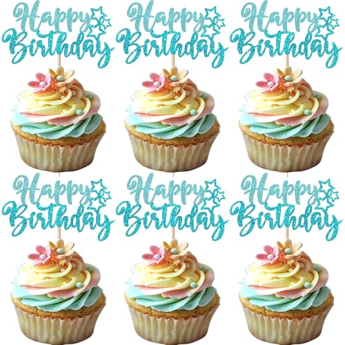 24 Stück Happy Birthday Cupake Toppers Glitzer Alles Gute zum Geburtstag Tortendeko Feiern Sie Geburtstag Kuchen Deko für Baby Dusche Kinder Party Kuchen Dekoration Hellblau Neu von SYKYCTCY