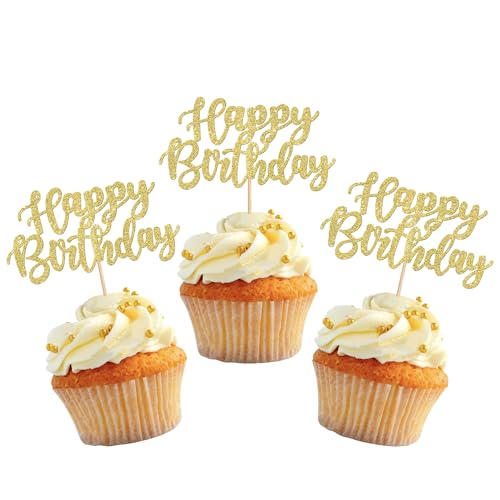 24 Stück Happy Birthday Cupcake Toppers Geburtstag Tortendeko Glitzer Alles Gute zum Geburtstag Kuchen Deko für Baby Dusche Kinder Party Kuchen Dekorationen Gold von SYKYCTCY