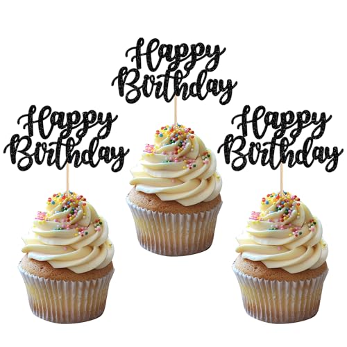24 Stück Happy Birthday Cupcake Toppers Geburtstag Tortendeko Glitzer Alles Gute zum Geburtstag Kuchen Deko für Baby Dusche Kinder Party Kuchen Dekorationen Schwarz von SYKYCTCY