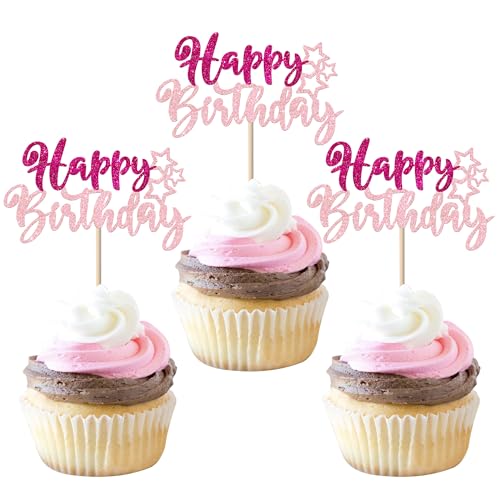 24 Stück Happy Birthday Tortendeko Glitzer Feiern Sie Geburtstag Kuchen Deko Alles Gute zum Geburtstag Cupcake Toppers für Baby Dusche Kinder Party Kuchen Dekoration Roserot Rosa von SYKYCTCY