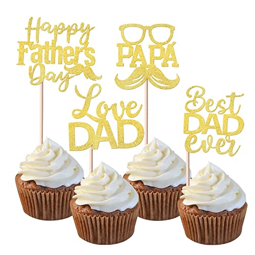 24 Stück Happy Father's Day Tortendeko Glitzer Best Dad Ever Cupcake Toppers Love Dad Moustache Glass Tortendekorationen für Happy Father's Day Party Männer Geburtstag Party Cake Decoration Gold von SYKYCTCY