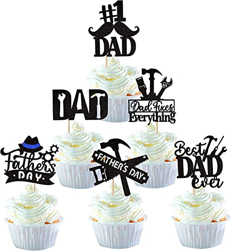 24 Stück Happy Father's Day Tortendeko Glitzer Best Dad Ever Kuchen Deko Love Father #1 Dad Dad Tie Moustache Hat Glass Cupcake Toppers für Father's Day Thema Party Geburtstag Cake Decoration Schwarz von SYKYCTCY