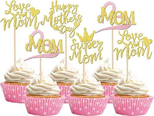 24 Stück Happy Mother's Day Cupcake Toppers, Glitter Herz Super Mom Love You Mom Tortendeko Deko Kuchen für glückliche Muttertag Thema Frauen Geburtstag Party Kuchen Dekorationen Zubehör Gold 24 Stück Happy Mother's Day Cupcake Toppers, Glitter Herz Super Mom Love You Mom Tortendeko Deko Kuchen für glückliche Muttertag Thema Frauen Geburtstag Party Kuchen Dekorationen Zubehör Gold von SYKYCTCY