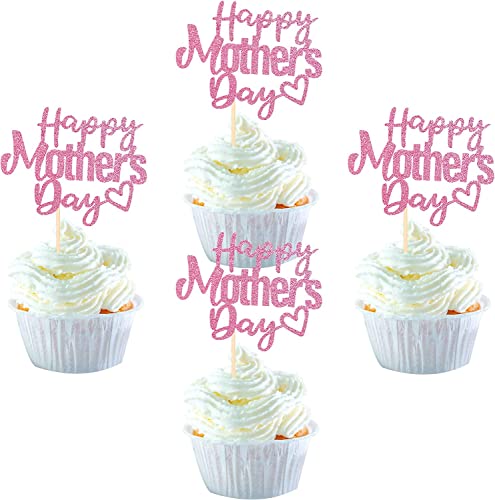 24 Stück Happy Mother's Day Cupcake Toppers Glitter Nummer 1 Mutter Liebe Herz Beste Mutter Cupcake Picks für Frauen Geburtstag Glückliche Mutter Tag Thema Party Kuchen Dekorationen Zubehör Rosa von SYKYCTCY