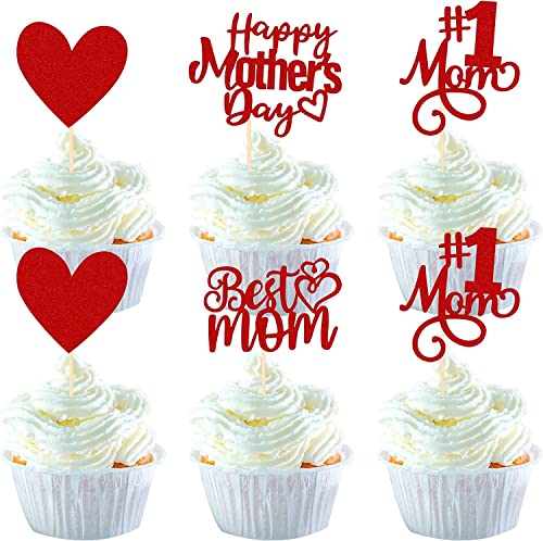 24 Stück Happy Mother's Day Topper mit Glitter Hollow Heart Love Mom Kuchen Pick Beste Mutter Kuchen Dekorationen für Frauen Geburtstag glückliche Muttertag Thema Party Supplies Rot von SYKYCTCY