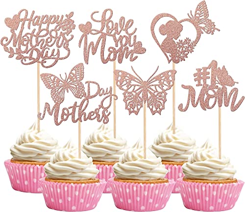 24 Stück Happy Mother's Day Tortendeko, Glitzer Herz #1 Mom Schmetterling Love You Mom Cake Toppers Kuchen Deko Cupcake Topper für Glücklicher Muttertag Thema Frauen Geburtstag Party Supplies Rosegold von SYKYCTCY