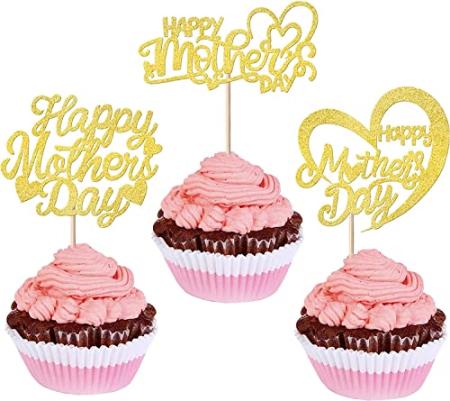 24 Stück Happy Mother's Day Tortendeko, Glitzer Herz Cake Toppers Kuchen Deko Cupcke Toppers für Glücklicher Muttertag Thema Frauen Geburtstag Party Supplies Gold von SYKYCTCY