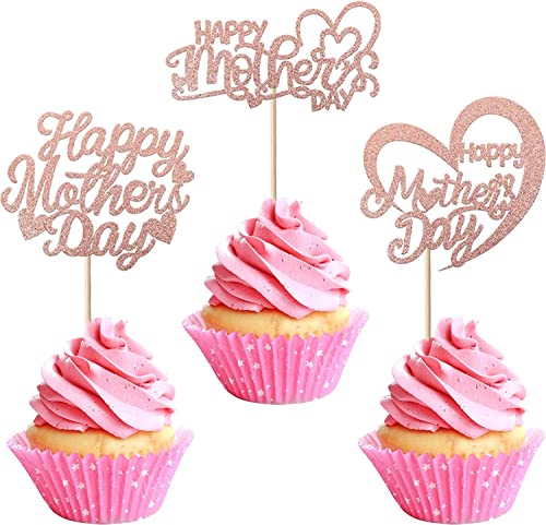 24 Stück Happy Mother's Day Tortendeko, Glitzer Herz Cake Toppers Kuchen Deko Cupcke Toppers für Glücklicher Muttertag Thema Frauen Geburtstag Party Supplies Rosegold von SYKYCTCY