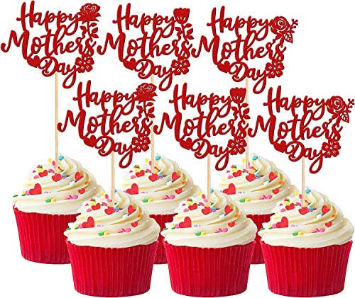 24 Stück Happy Mother's Day Tortendeko Bunt Glitter Liebe Herz Rose Blume Beste Mutter Cupcake Topper Deko Kuchen für glückliche Muttertag Thema Frauen Geburtstag Party Kuchen Dekorationen Zubehör Rot von SYKYCTCY