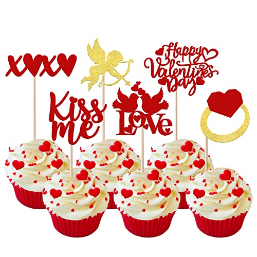 24 Stück Happy Valentine's Day Cupcake Toppers Glitter Amor Ring Sweet Love XOXO Kiss Me Cupid Cupcake Picks für Valentinstag Thema Hochzeit Braut Dusche Geburtstag Party Kuchen Dekorationen Rot Gold von SYKYCTCY