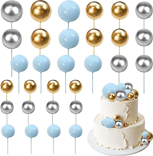 24 Stück Kugeln Tortendeko, Round Mini DIY Cupcake Toppers Geburtstag Kuchen Deko Kugeln für Geburtstag Party Hochzeit Zubehör Valentinstag Baby Shower Kuchen Dekoration Blau Gold Silber von SYKYCTCY