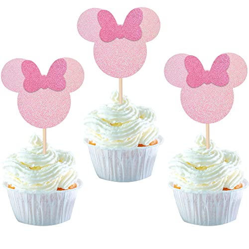 24 Stück Mini Maus inspiriert Geburtstag Tortendeko Mini Maus Happy Birthday Cake Topper Mini Maus mit Schleife Maus Kuchendekoration für Mini Happy Birthday Party Rosa von SYKYCTCY