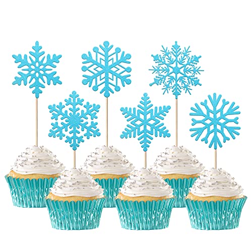 24 Stück Schneeflocke Cupcake Toppers Winter eingefroren Thema Kuchendekoration Winter Wonderland Kuchen Dekorationen für Geburtstag eingefroren Thema Party Weihnachten Dekoration Blau von SYKYCTCY