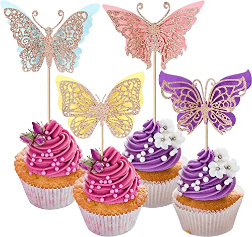 24 Stück Tortendeko, Schmetterlinge Deko Kuchen Schmetterling Deko Cake Topper für Hochzeit Jahrestag Baby Shower Geburtstag Party Kuchen Dekoendeko Mehrfarbig von SYKYCTCY