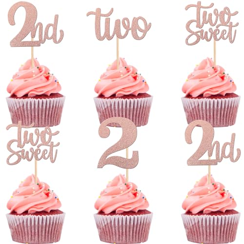 24 Stück Two Tortendeko Glitzer 2nd Geburtstag Cupcke Toppers Two Jahr alt Kuchen Deko für Baby Dusche Kinder Jungen Mädchen Two Sweet Geburtstag Party Kuchen Dekorationen Rosegold von SYKYCTCY