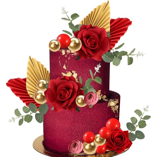 25 Stück Boho Rote Rose Blume Tortendeko Sets DIY Kugel Cake Toppers Papier Palme Fächer Blätter Kuchen Deko für Baby Shower Kinder Jungen Mädchen Hochzeit Geburtstag Party Kuchen Dekorationen von SYKYCTCY