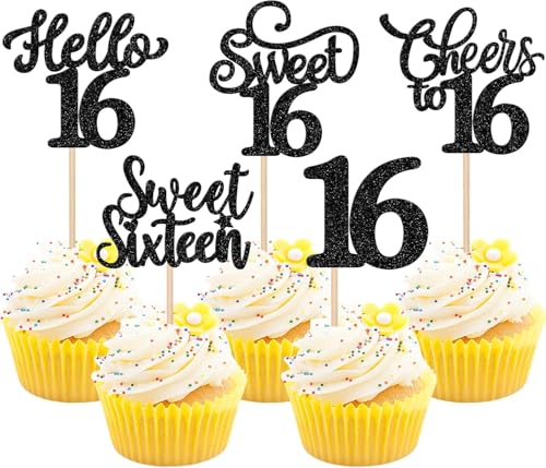 30 Stück 16th Geburtstag Tortendeko Glitzer Hello 16 Cheers to 16 Cupcake Toppers Sweet Sixteen 16 Kuchen Deko für Prost auf 16 Geburtstag Jahrestag Party Kuchen Dekoration Schwarz von SYKYCTCY