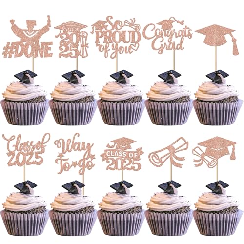 30 Stück 2025 Abschluss Cupcake Dekorationen So Proud of You Cupcake Toppers Class of 2025 Kuchen Deko Abschluss Kappe Diplom Tortendeko für 2025 Graduierung Thema Party Kuchen Dekorationen Rosegold von SYKYCTCY
