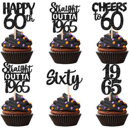 30 Stück 60th Geburtstag Cupcake Toppers Glitzer Straight Outta 1965 Kuchen Deko Sixty Happy 60th Tortendeko für Prost auf 60 Jahre Geburtstag Hochzeit Jahrestag Party Kuchen Dekoration Schwarz von SYKYCTCY