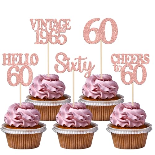 30 Stück 60th Geburtstag Cupcake Toppers Glitzer Vintage 1965 Kuchen Deko Cheers to 60 Happy 60th Tortendeko für Prost auf 60 Jahre Geburtstag Jahrestag Party Kuchen Dekoration Rosegold von SYKYCTCY