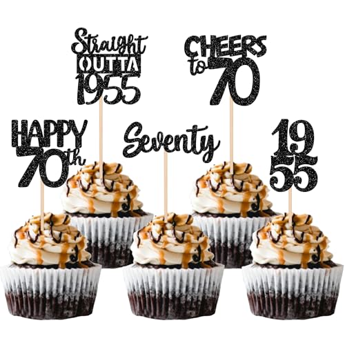 30 Stück 70th Geburtstag Cupcake Toppers Glitzer Straight Outta 1955 Kuchen Deko Happy 70th Tortendeko für Prost auf 70 Jahre Geburtstag Hochzeit Jahrestag Party Kuchen Dekoration Schwarz von SYKYCTCY