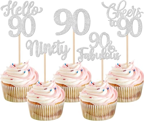 30 Stück 90th Geburtstag Tortendeko Glitzer Hello 90 Cheers to 90 Cupcake Toppers 90 & Fabulous Ninety Kuchen Deko für Prost auf 90 Geburtstag Jahrestag Party Kuchen Dekoration Silber von SYKYCTCY