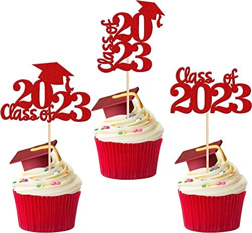 30 Stück Class of 2023 Tortendeko 2023 Abschluss Cupcake Toppers Glitzer Grad Cap Kuchen Deko Class of 2023 Graduation Torten Dekorationen für 2023 Abschluss Thema Party Rot von SYKYCTCY