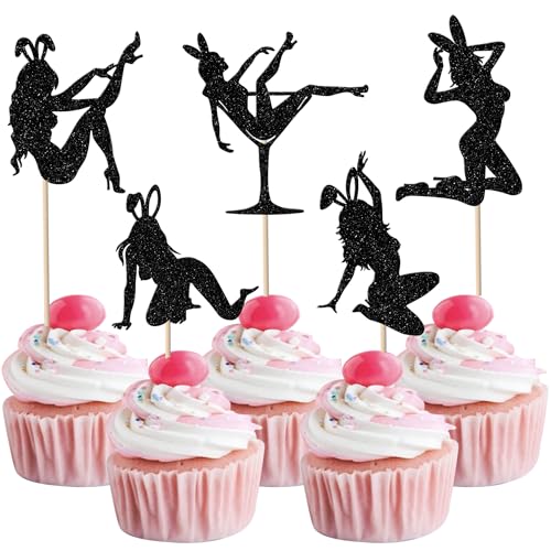 30 Stück Häschen Mädchen Tortendeko Glitzer Frohe Ostertage Cupcake Toppers Valentinstag Ostern Bachelorette Kuchen Deko für Hochzeit Jahrestag Geburtstag Party Cupcake Dekorationen Schwarz von SYKYCTCY