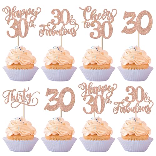 30 Stück Happy 30th Geburtstag Tortendeko Glitzer Cheers to 30 Kuchen Deko 30 Fabulous Cupcake Toppers für Thirty Geburtstag Jahrestag Party Kuchen Dekoration Rosegold von SYKYCTCY