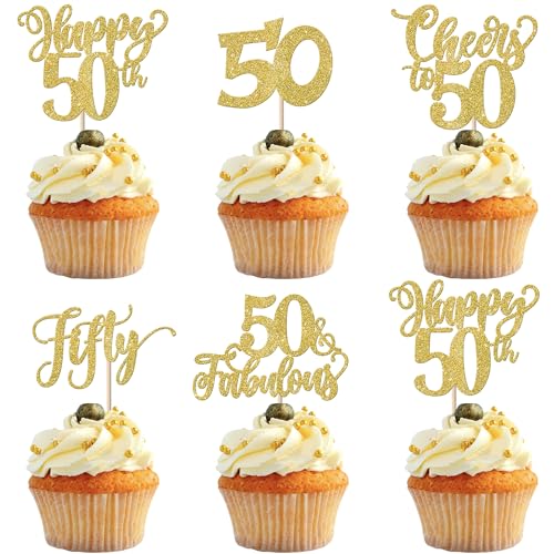 30 Stück Happy 50th Geburtstag Tortendeko Glitzer Cheers to 50 Kuchen Deko 50 Fabulous Cupcake Toppers für Fifty Geburtstag Jahrestag Party Kuchen Dekoration Gold von SYKYCTCY