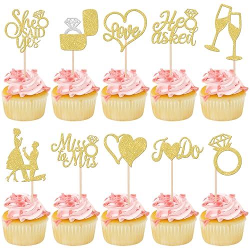 30 Stück He Ask She Said Yes Tortendeko Glitzer Miss to Mrs Cupcake Toppers Diamant Ring Kuchen Deko für Verlobung Hochzeiten Thema Party Kuchen Dekorationen Gold von SYKYCTCY