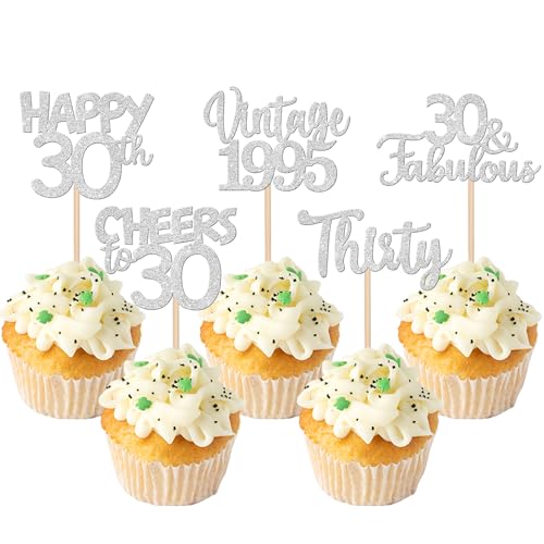 30 Stück Vintage 1995 Cupcake Toppers Glitzer Happy 30th Geburtstag Tortendeko Cheers to 30 Fabulous Thirty Kuchen Deko für 30th Geburtstag Hochzeit Jahrestag Party Silber von SYKYCTCY