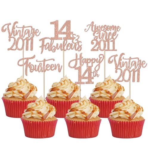 30 Stück Vintage 2011 Tortendeko Glitzer Happy 14th Fourteen Awesome Since 2011 Cupcake Toppers 14 Fabulous Kuchen Deko für 14. Geburtstag Hochzeitstag Party Kuchen Dekorationen Rosegold 30 Stück Vintage 2011 Tortendeko Glitzer Happy 14th Fourteen Awesome Since 2011 Cupcake Toppers 14 Fabulous Kuchen Deko für 14. Geburtstag Hochzeitstag Party Kuchen Dekorationen Rosegold von SYKYCTCY