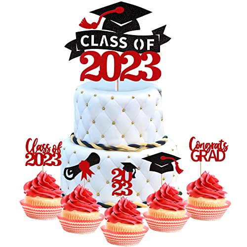 31 Stück Graduation Tortendeko Glitzer CLASS OF 2023 Abschluss Kuchen Deko Diploma Grad Cap Cupcake Toppers Congrats Grad Abschluss Cake Decorations für 2023 Graduierung Thema Party Schwarz Rot von SYKYCTCY