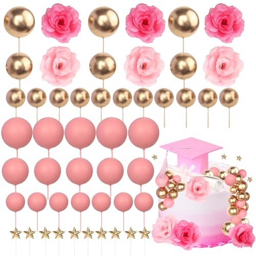 32 Stück 2025 Abschluss Kuchen Deko Class of 2025 Graduierung Tortendeko Abschlusskappe Diplom Kugeln Blume Gratulation Grad Kuchendekorationen für Abschluss Thema Party Kuchen Dekoration Rosa von SYKYCTCY