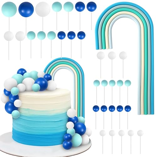 34 Stück Regenbogen Tortendeko DIY Kugeln Kuchen Deko Natürlicher Boho Mini Schaum Kugel Cake Toppers für Baby Dusche Kinder Geburtstag Hochzeit Jahrestag Party Kuchen Dekorationen Blau Beige von SYKYCTCY