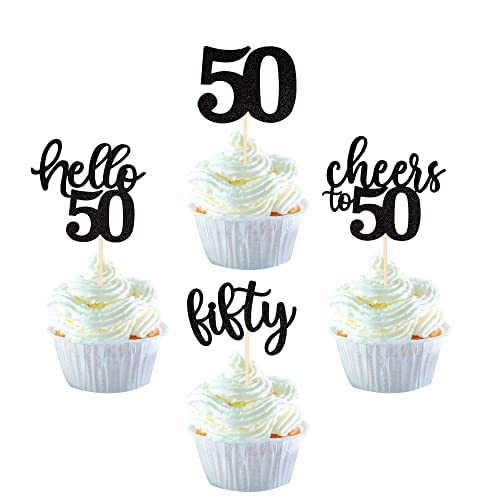 36 Stück 50th Birthday Cupcake Toppers Glitter Hallo 50 Geburtstag Tortendeko Cheers to 50 Fifty Muffin Dekoration for 50th Birthday Teenager Party Kuchen Dekoendeko Black von SYKYCTCY