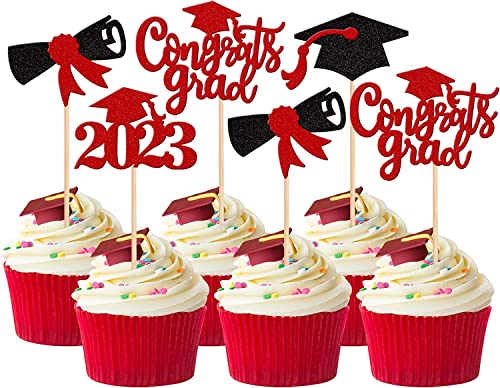 36 Stück Graduation Tortendeko mit Glitzer 2023 Congrate Grad Abschlusszeugnis Abschluss Mütze Cupcake Toppers Kuchen Deko für 2023 Graduierung Thema Schule Absolvent Party Kuchen Dekoration Rot von SYKYCTCY