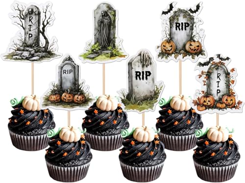 36 Stück Halloween Tortendeko Grabstein Cupcake Toppers RIP Friedhof Gräber Zombie Kreuz Kuchen Deko für Halloween Thema Geburtstag Party Kuchen Dekorationen von SYKYCTCY