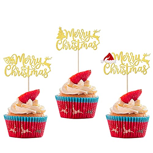 36 Stück Merry Christmas Cupcake Toppers Frohe Weihnachten Kuchen Toppers Christmas Hat Cupcake Picks Merry Christmas Xmas New Year Theme Party Kuchen Dekorationen Zubehör Gold von SYKYCTCY