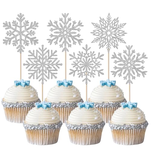 36 Stück Schneeflocke Tortendeko Glitzer Winter Frost Kuchen Deko Winter Schneeflocke Cupcake Toppers für Baby Dusche Kinder Geburtstag Party Kuchen Dekorationen Silber von SYKYCTCY