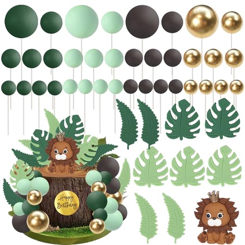 46 Stück Safari Tier Tortendeko DIY Runde Kugeln Kuchen Deko Dschungel Wilder Löwe Cake Topper Tropische Grashalme Kuchen Dekorationen für Safari Tier Thema Baby Dusche Kinder Geburtstag Party von SYKYCTCY