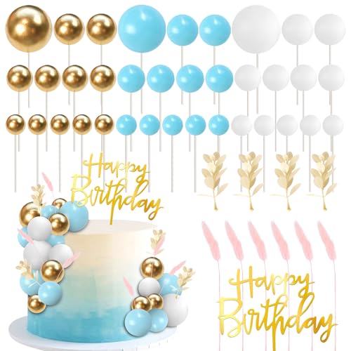 52 Stück Boho Natürliche Kugeln Tortendeko Happy Birthday Cake Toppers Gras Kuchen Deko Kugel Cupcake Toppers für Baby Dusche Kinder Geburtstag Hochzeit Party Kuchen Dekorationen Blau Weiß Gold von SYKYCTCY
