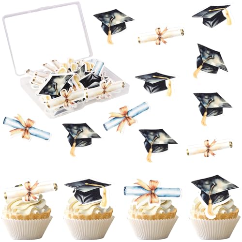 60 Stück Essbare Abschluss Kappe Tortendeko Klasse von 2025 Kappe Kuchen Deko Reis Papier Waffel Papier Graduierung Kappe Cupcake Toppers für Abschluss Thema Party Kuchen Dekorationen Gold von SYKYCTCY