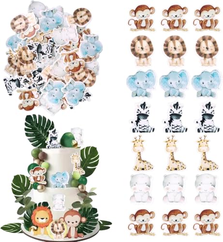 60 Stück Essbare Woodland Party Tortendeko Dschungel Löwe Kuchen Deko Affe Elefant Cupcake Toppers für Wald Tier Thema Baby Dusche Kinder Geburtstag Party Kuchen Dekorationen von SYKYCTCY