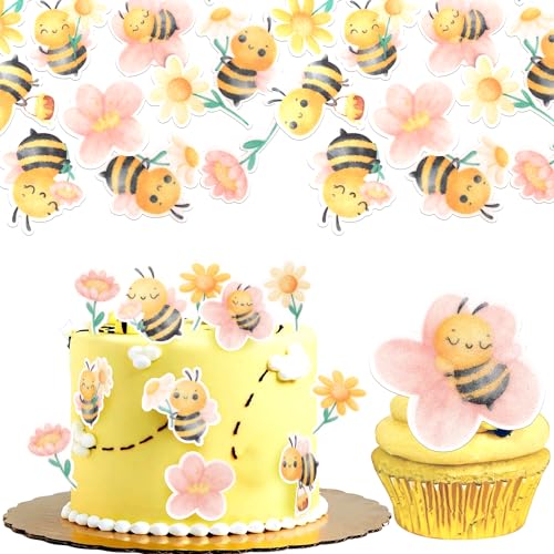 63 Stück Essbare Honigwabe Tortendeko Waffelpapier Biene Cupcake Toppers Blumen Honigwabe Kuchen Deko für Biene Thema Baby Dusche Jungen Mädchen Geburtstag Party Kuchen Dekoration von SYKYCTCY