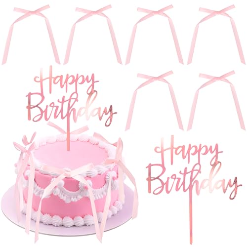 7 Stück Schleife Kuchen Deko Schleifen Knoten Tortendeko Schleife Knoten Bänder Cake Toppers mit Acryl Happy Birthday für Baby Dusche Hochzeit Braut Dessert Dekoration Rosa von SYKYCTCY