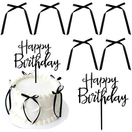 7 Stück Schleife Tortendeko Schleifen Knoten Kuchen Deko Schleife Knoten Bänder Cake Toppers mit Acryl Happy Birthday für Baby Dusche Hochzeit Braut Dessert Dekoration Schwarz von SYKYCTCY